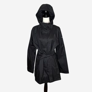 Columbia Women's Pardon My Trench Rain Jacket Size L Hooded Belted Pockets Black